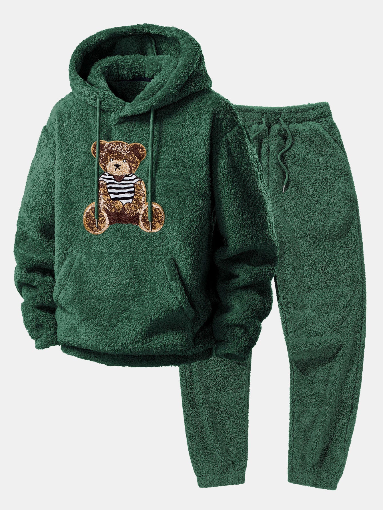 Bear Embroidered Patch Teddy Hoodie & Teddy Jogger Pants