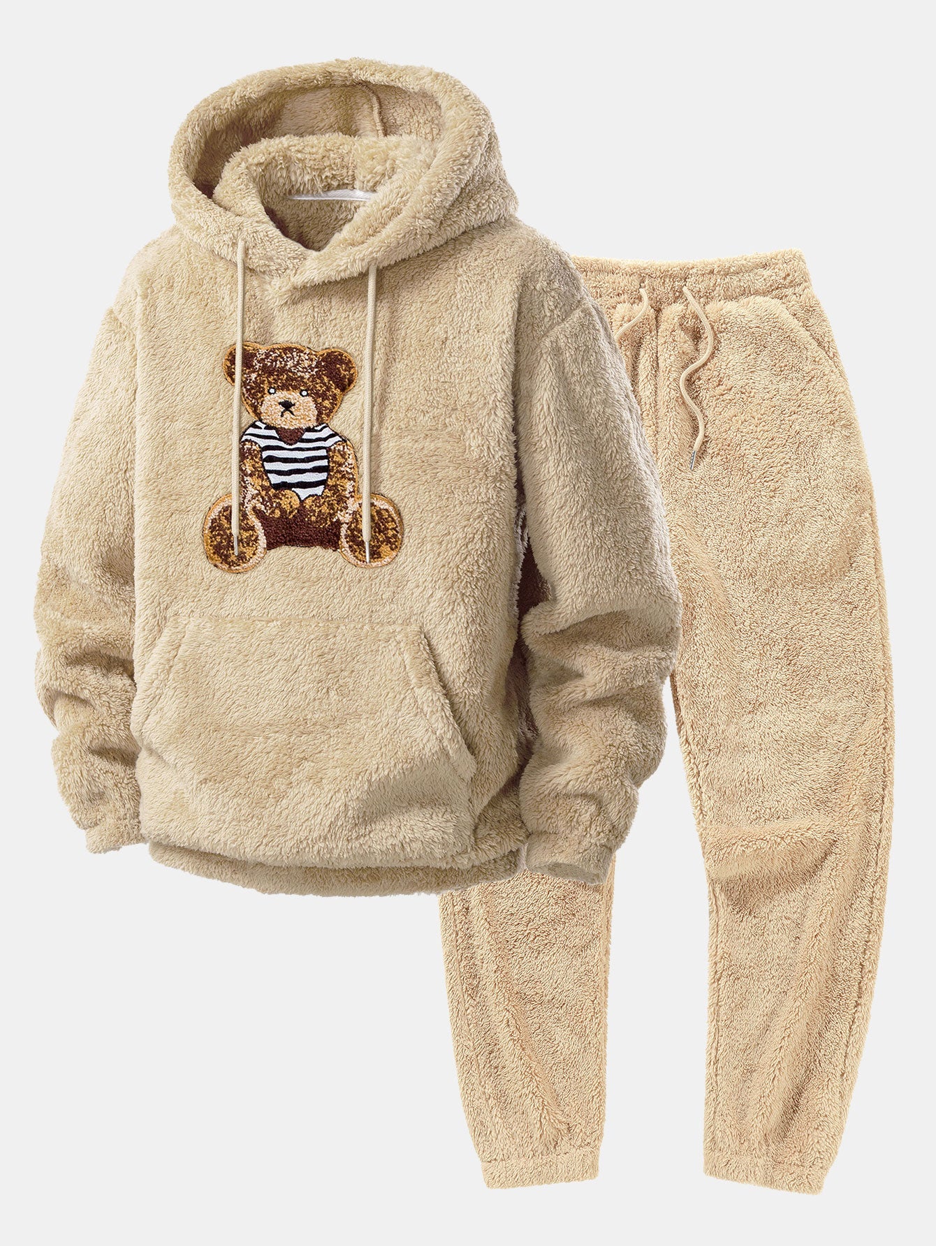 Bear Embroidered Patch Teddy Hoodie & Teddy Jogger Pants